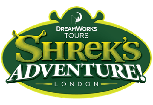 A green shape outlining the shape of Shrek, wide sphere with a head at the top contains text. The text reads Shrek's Adventure.