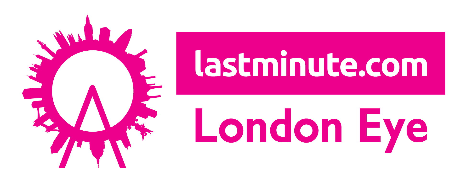 White lastminute.com text beside an image of the London Eye featuring the London skyline extending out from the wheel.