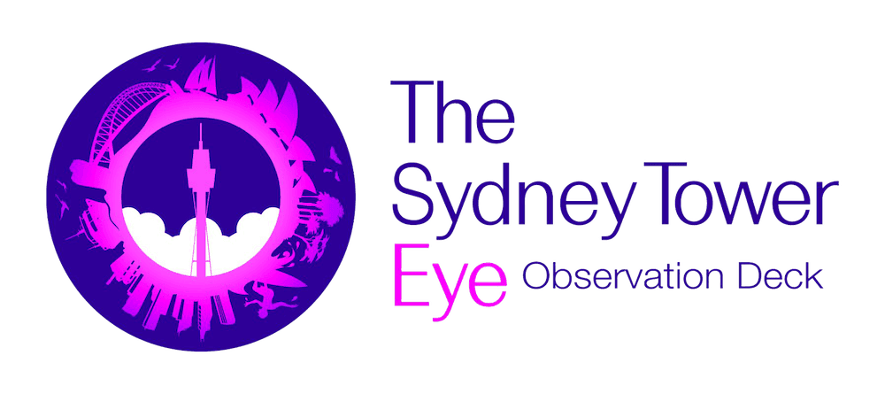 In a blue circle, around a pink tower within the centre is a circle silhouette of notable Australian landmarks. The text says The Sydney Tower Eye.