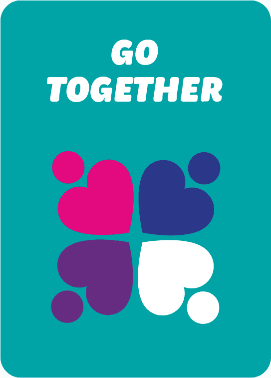 Green value card titled 'Go Together'. Below the title are four different coloured hearts facing each other, each with a sphere above them.