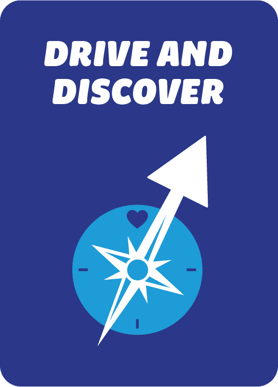 Blue value card titled 'Drive and Discover'. Below the title is a compass with an enlarged arrow pointing up and to the right.