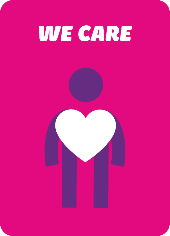 Pink value card titled 'We Care' with an animated stick figure with a large white heart over their body.