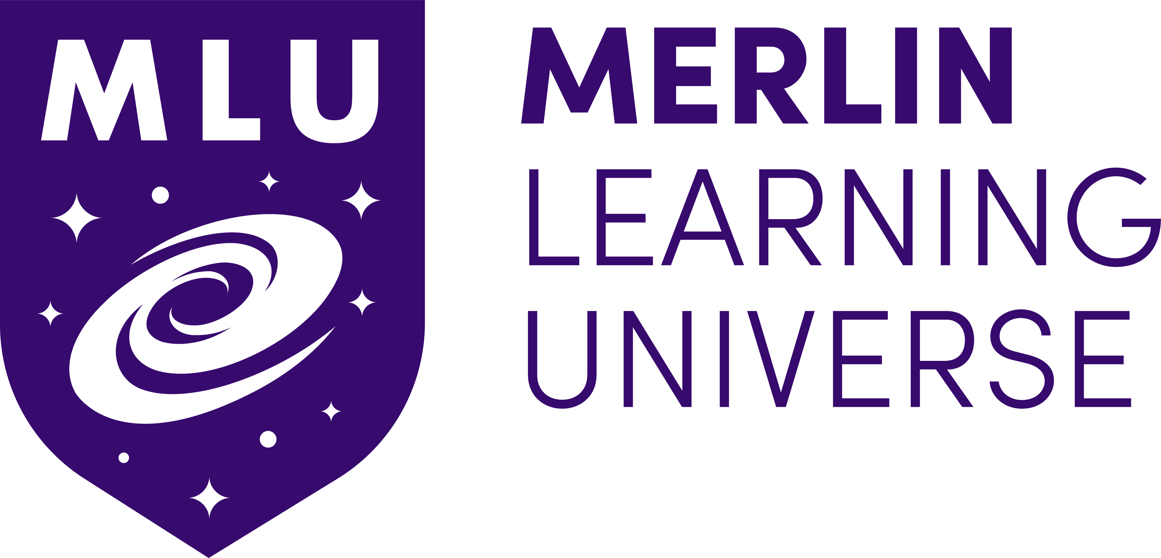 A purple crest MLU features stars and a universe illustration inside to the right the text reads 'MERLIN LEARNING UNIVERSE'.