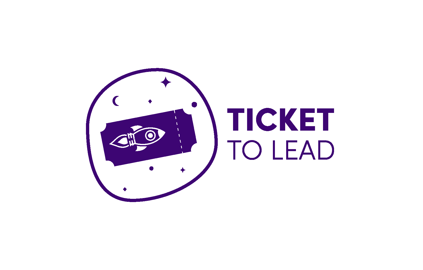 A purple ticket is surrounded by stars and outlined with a purple circle. The text to the right reads TICKET TO LEAD.