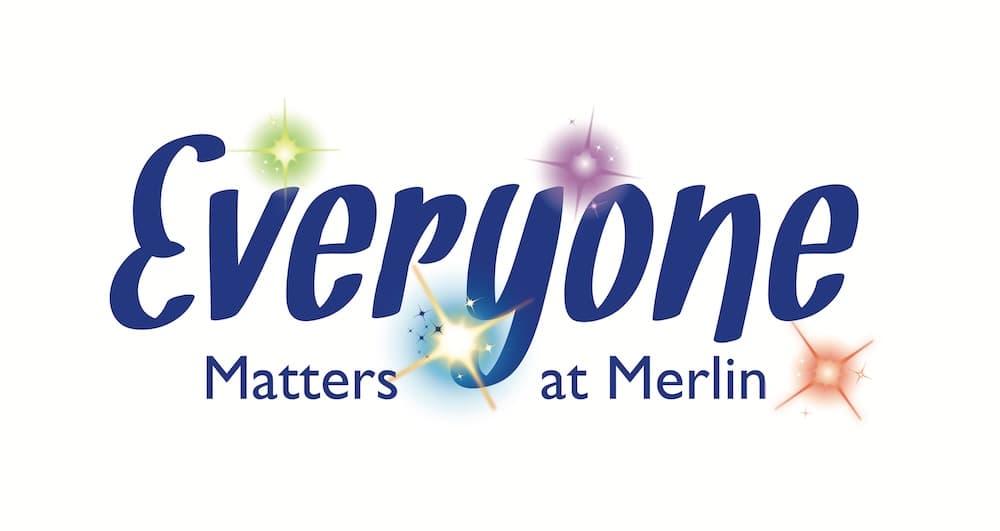 The word 'everyone' is in a blue, bold, cursive font. Below it in a body copy font is the text 'Matters at Merlin'. Around the text there are colourful star icons.