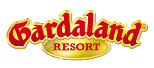 Curved graphic red text with a golden outline reads Gardaland with the text Resort below. The logo sparkles from the gold.