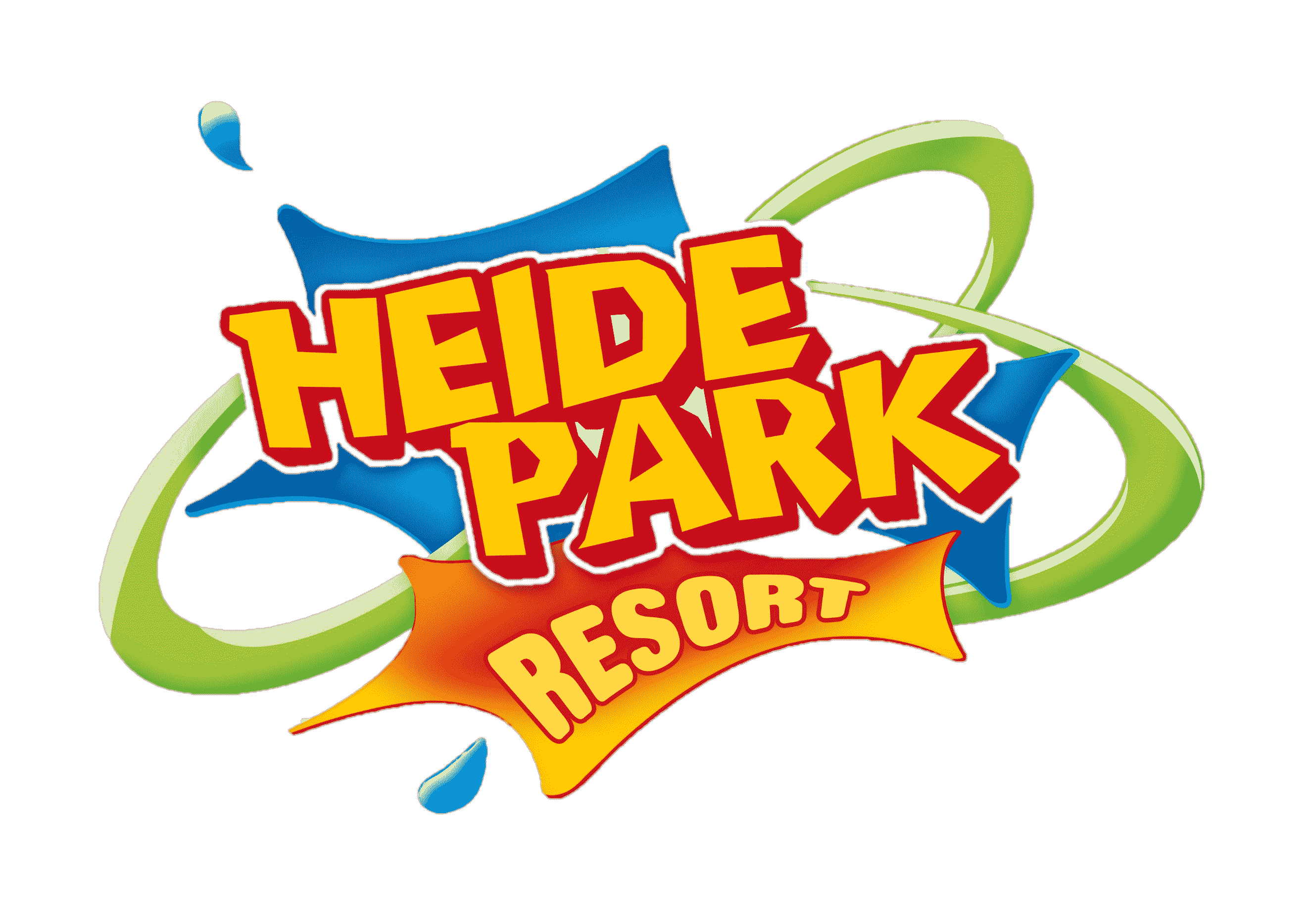 Thick graphic yellow text with a bold red outline reads Heide Park on a blue abstract shape. Below, yellow text reads Resort.