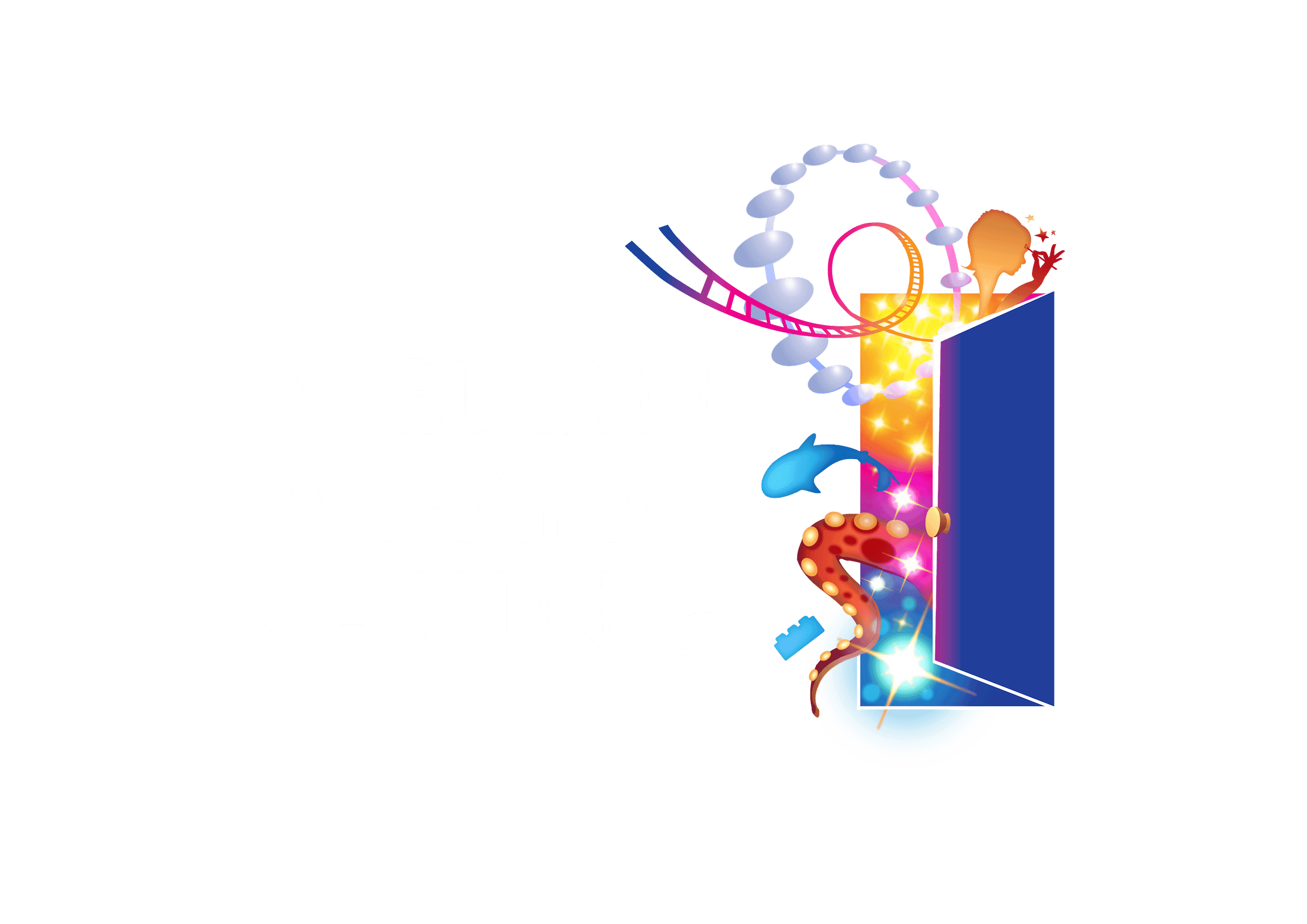 White text next to an open door reads Merlin Magic Making. The open door reveals bright colours and leaks various objects.