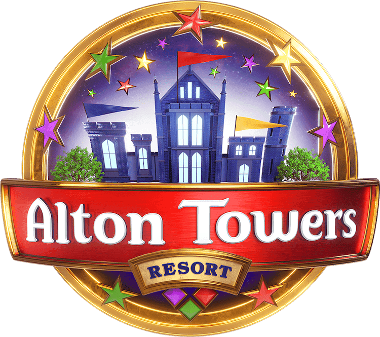 Inside a circular gold emblem, a castle silhouette is surrounded by multicoloured stars. A red banner reads Alton Towers with the text Resort below.