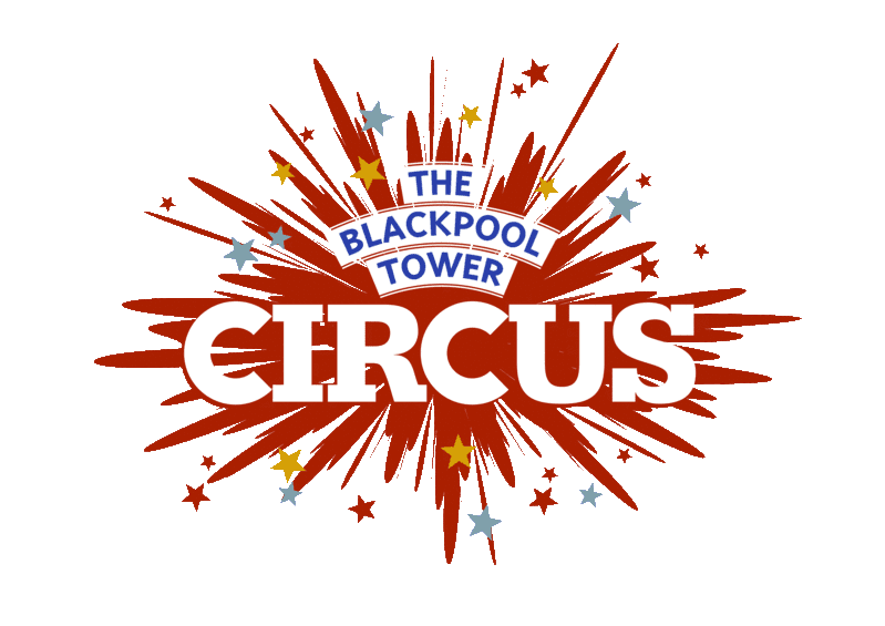 A red spark is surrounded by gold and silver stars. Over the front it reads the text The Blackpool Tower Circus.