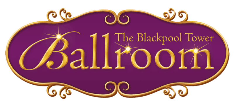 Purple curved shaped is surrounded by a gold border. Over the top there is gold text The Blackpool Tower Ballroom.