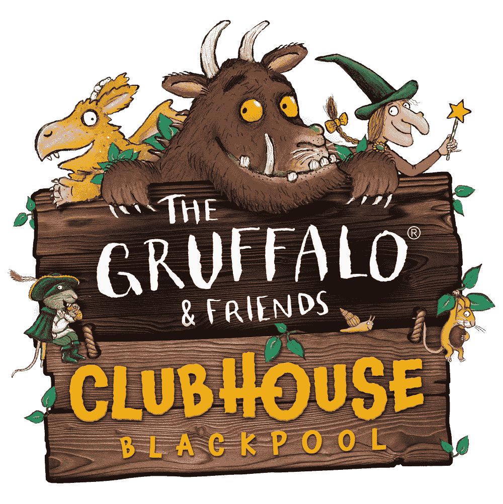 3 cartoon characters including a Gruffalo appear above a log. The log features in white text The Gruffalo & Friends.