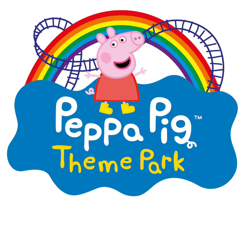 Blue puddle includes pink text Peppa Pig and yellow text Theme Park. Rollercoaster tracks, a rainbow and a cartoon pig are all above the text.