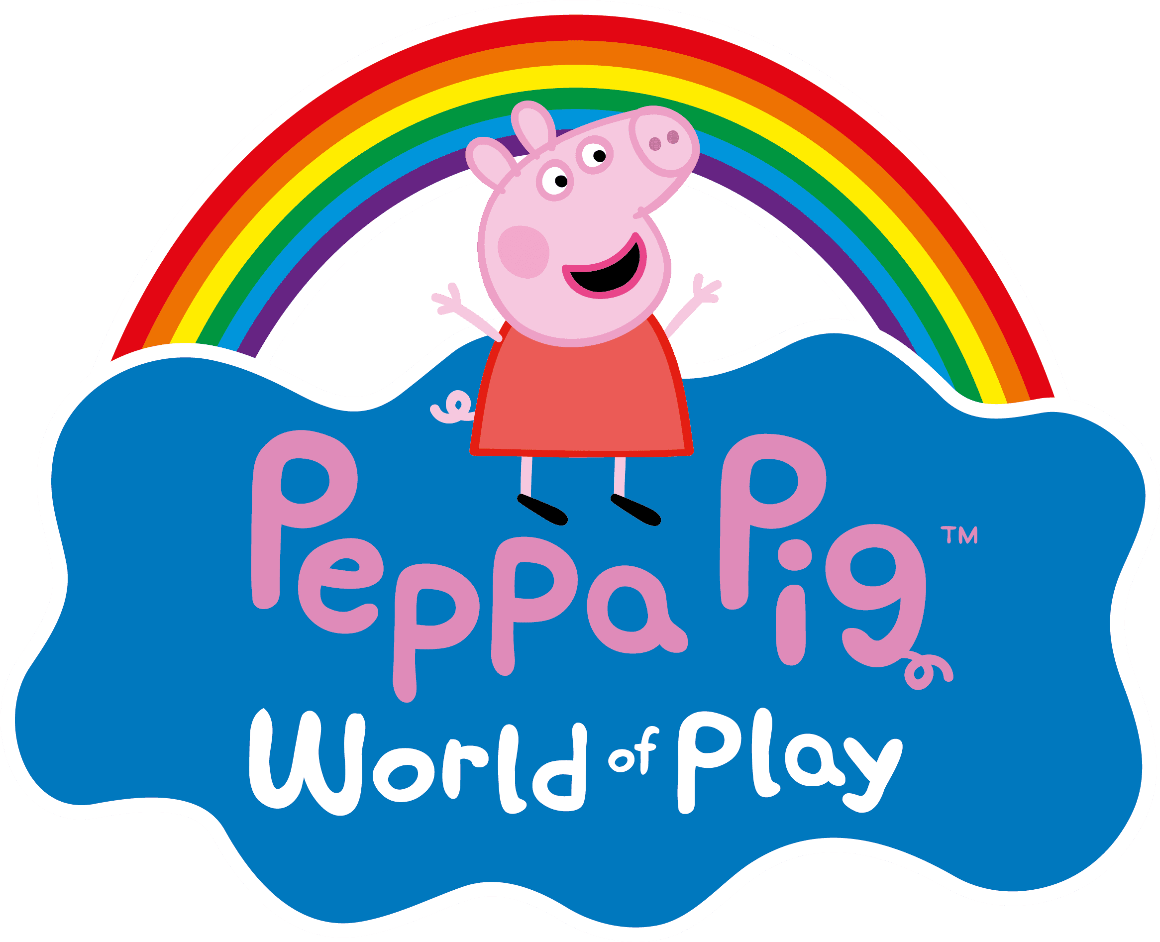 Blue puddle includes pink text Peppa Pig and white text World of Play. A cartoon pig is above the text with an arching rainbow.
