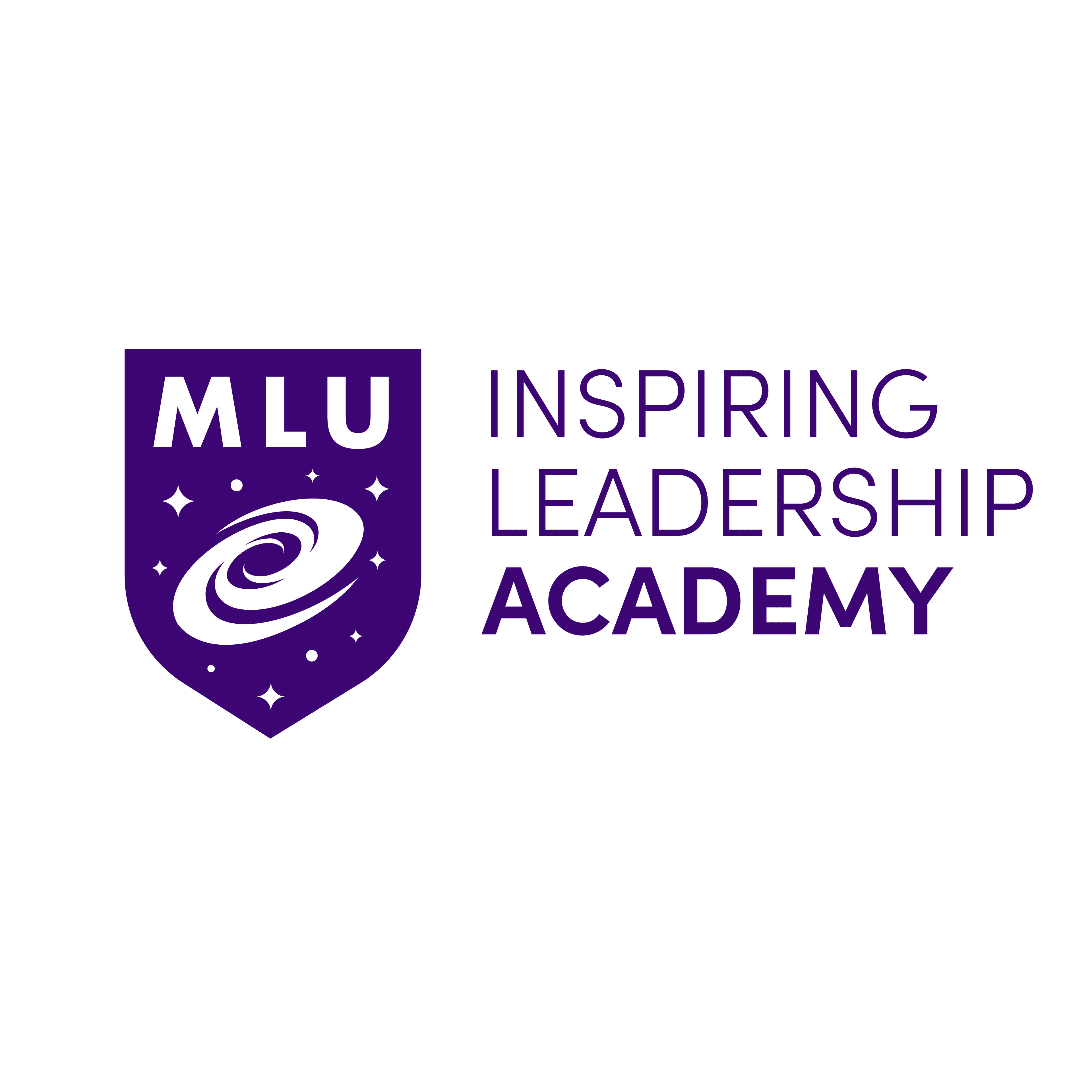 Purple shield logo that has the letters 'MLU' and a galaxy icon beneath. Next to the shield are the words 'Inspiring Leadership Academy' in purple.